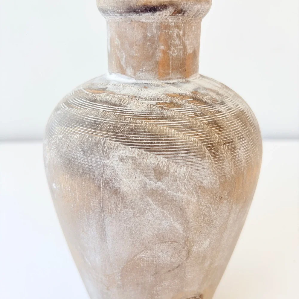 Vintage Hand Carved Whitewash Wooden Vase Rustic Farmhouse Decorative Vessel 7in